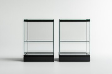 Two empty glass display cases with black bases and shelves on a white background.