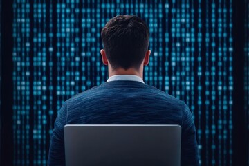 Programmer Coder Software Developer Working at Night on Laptop Binary Code Background
