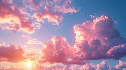 Wall Mural - Clouds glowing warmly at sunset. Colorful, majestic clouds fill blue sky above