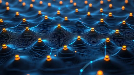 Glowing nodes connected on abstract wavy network, blue background, blurred depth