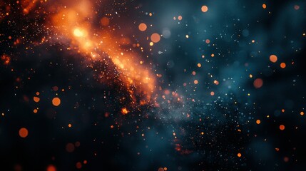 Wall Mural - Orange particles swirling, floating in the void, dark blue background