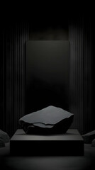 Wall Mural - 3d illustration black rock podium on dark background