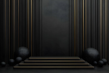 Wall Mural - 3d illustration- black and gold abstract background with podium and spheres