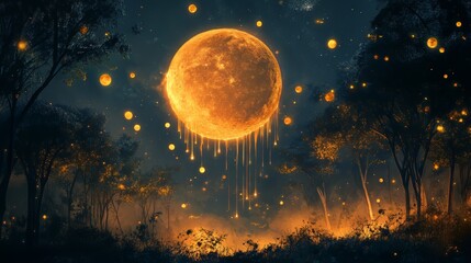 Wall Mural - a large orange moon with a stream of yellow paint dripping from it. the scene is set in a forest at 