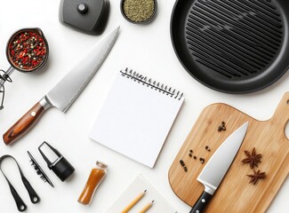 Wall Mural - Flat lay photography of kitchen tools and cooking supplies on a white background