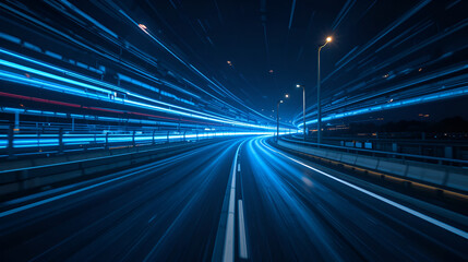 Abstract road with blue light trails , data transfer speed and digitization concept