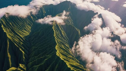 Wall Mural - Aerial view of green mountains with clouds casting shadows, natural beauty concept