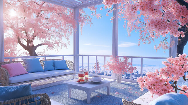 窓いっぱいに広がる桜景色、開放感あふれるサンルームで過ごす贅沢なカフェ風リビング