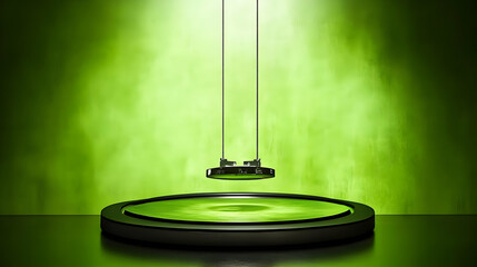 Wall Mural - 3d render abstract background green light podium swinging disc