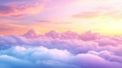Wall Mural - Above clouds at sunset; blue and purple hues blending into a warm golden sky