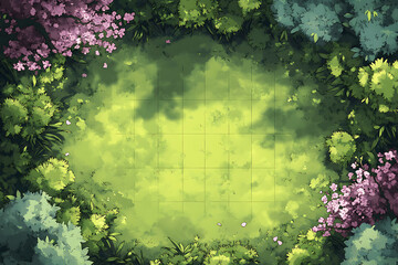 Overhead Battle Map of Lush Green Forest with Cross Shaped Paths and Floral Borders