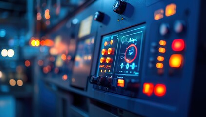 Closeup of Industrial Control Panel with Digital Display and Illuminated Buttons