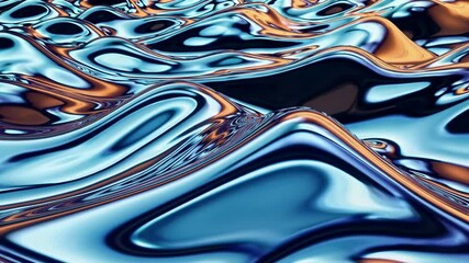 Poster - Abstract fluid metallic waves in blue and orange hues. Futuristic design concept
