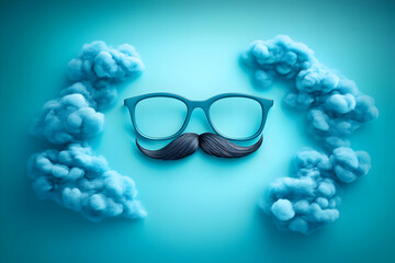 Wall Mural - 3d illustration - blue clouds, glasses, and mustache on turquoise background
