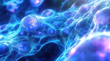 Abstract glowing blue network, energy, cells, connections.
