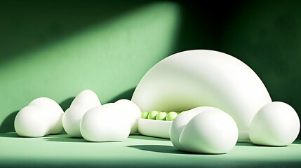 Wall Mural - 3d illustration green apples white eggs abstract background