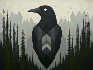 Wall Mural - geometric raven illustration forest mountains abstract background