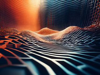 Wall Mural - 3d abstract background orange blue grid mesh wavy pattern illustration