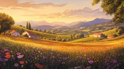 Wall Mural - Golden Hour in the Tuscan Countryside: A picturesque landscape painting of rolling hills, wildflowers, and charming farmhouses bathed in the warm glow of sunset.