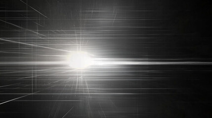 Poster - Abstract black background with dynamic white lines and glowing light rays. Digital futuristic illustration with glitch effect, noise texture, and minimalist monochrome design. High-contrast black and 