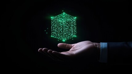 Wall Mural - futuristic hand holding glowing green digital cube in dark space, illustrating technology, innovatio