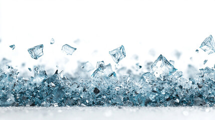 Exploding ice shards in a dynamic composition symbolizing energy, force, and transformation, captured on a white background showcasing motion and contrast.

