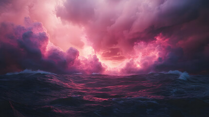 Wall Mural - Majestic dark blue horizon exploding into waves of electric pink radiance with drifting cloud formations below