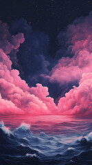Wall Mural - Majestic dark blue horizon exploding into waves of electric pink radiance with drifting cloud formations below