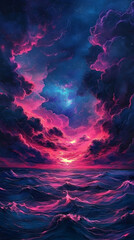 Wall Mural - Majestic dark blue horizon exploding into waves of electric pink radiance with drifting cloud formations below