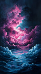 Wall Mural - Majestic dark blue horizon exploding into waves of electric pink radiance with drifting cloud formations below
