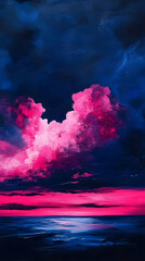 Wall Mural - Majestic dark blue horizon exploding into waves of electric pink radiance with drifting cloud formations below