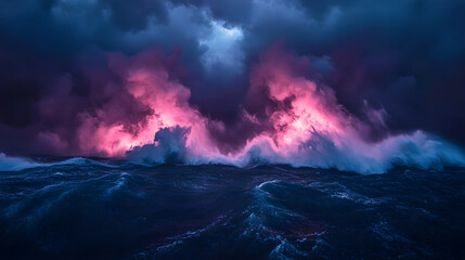 Wall Mural - Majestic dark blue horizon exploding into waves of electric pink radiance with drifting cloud formations below