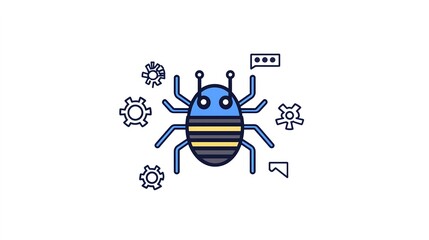 cartoon insect with gears and speech bubbles in flat design style