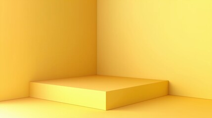 Poster - Minimalist yellow corner stand for product presentation in an abstract interior scene. 3D rendering of a modern, empty exhibition space with soft lighting and copy space for branding or advertising.