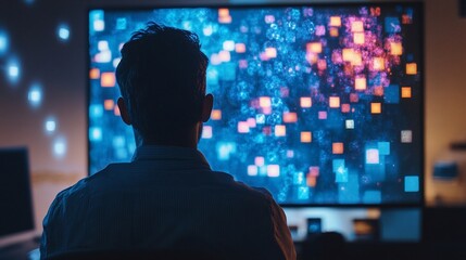 Man viewing a bright screen displaying abstract glowing squares in a dark room