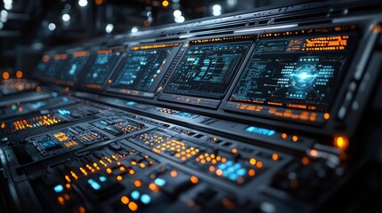 Futuristic Control Room with Digital Displays and Lights