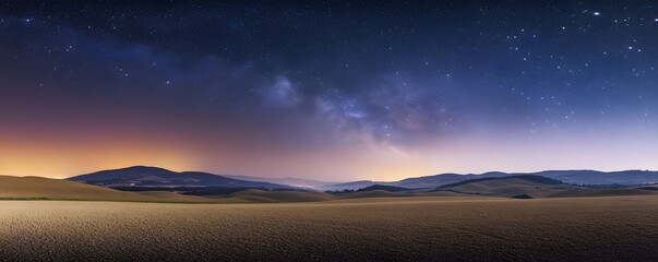 rolling hills are illuminated by the starry night sky