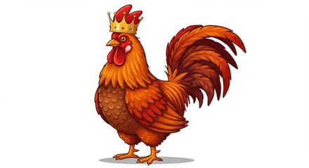 Wall Mural - A cartoon brahma chicken rooster wearing a crown, standing proudly with vibrant feathers against a white background