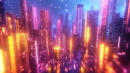 Futuristic city at night with vibrant neon lights. Possible use Stock photo for science fiction, technology, or urban design