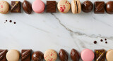  Chocolate Truffles and Macarons on Marble Background