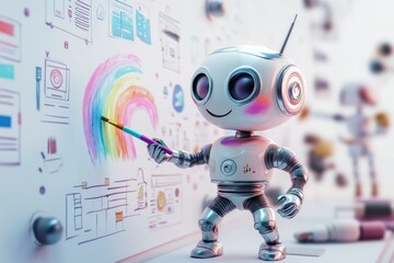 A cute robot artist paints a rainbow on a whiteboard filled with website design sketches.