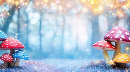 Wall Mural - whimsical mushroom forest: a dreamy, enchanting illustration of a forest with colorful mushrooms glo