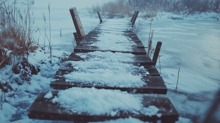 Wall Mural - snowy walkway by water