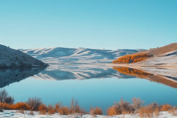 Wall Mural - lake surrounded by snowy hills