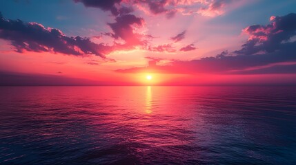 Wall Mural - breathtaking sunset over the calm ocean with vibrant colors and dramatic cloud patterns creating a s
