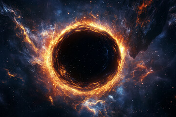 Wall Mural - large black hole with a bright orange ring of fire surrounding it. The fire is so bright that it illuminates the entire scene, creating a sense of awe and wonder