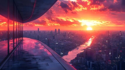 Wall Mural - breathtaking sunset over a bustling city skyline with fiery colors painting the sky and reflecting o