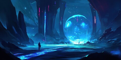Wall Mural - a lone figure walks toward a large glowing sphere