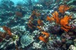 © Miki - tropical island Vibrant coral reef ecosystem with orange sea fans and a turtle swimming through clear blue water.