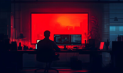 Silhouette of a programmer working at night with illuminated screens